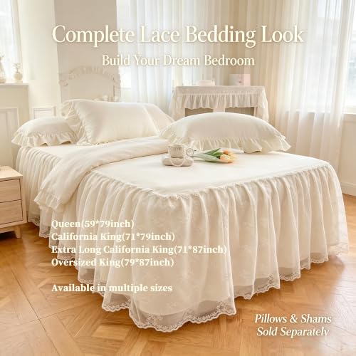 Cream White Ruffle Lace Bed Skirt for California King Bed - 17in Drop
