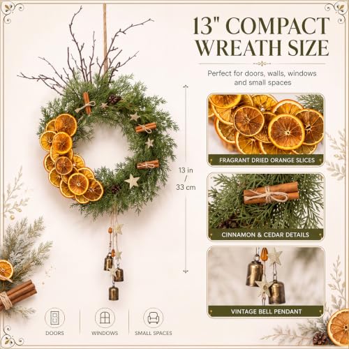 Rustic Christmas Wreath with Dried Orange Slices and Cedar - 13 Inch