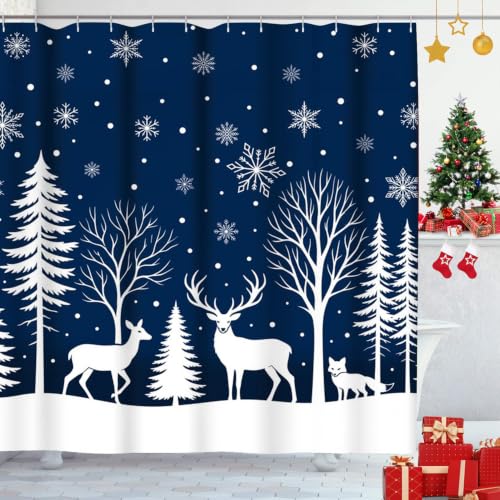 Bathroom Shower Curtain 72x78 Inches - Christmas Blue Winter Design