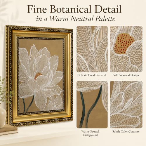 White Lotus Line Wall Art - Neutral Floral Painting with Gold Frame - 11x9