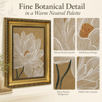 White Lotus Line Wall Art - Neutral Floral Painting with Gold Frame - 11x9