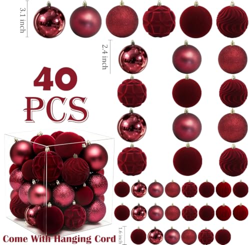 Red Velvet Christmas Ball Ornaments - 40Pcs Shatterproof Holiday Decorations - Medium, 3 Sizes, 7 Styles