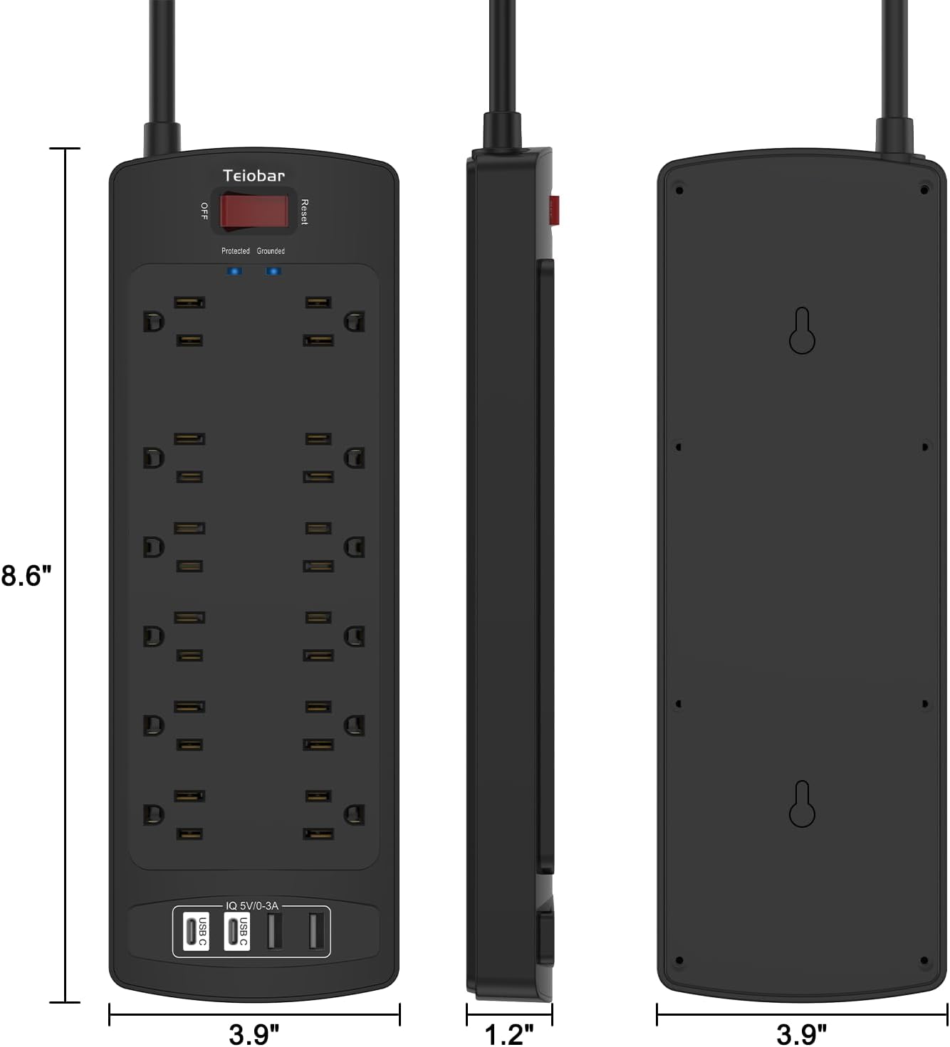 Teiobar 6 Ft Extension Cord Power Strip - Surge Protector with 12 AC Outlets & 4 USB Ports | Black, 1875W/15A, 2700 Joules