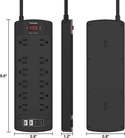 Teiobar 6 Ft Extension Cord Power Strip - Surge Protector with 12 AC Outlets & 4 USB Ports | Black, 1875W/15A, 2700 Joules