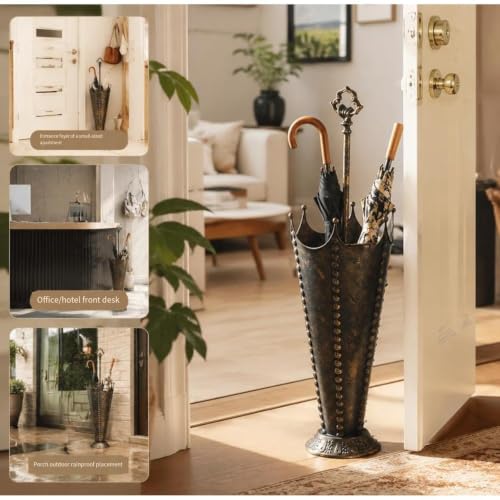 Vintage Metal Umbrella Stand with Crown Design - Rustic Antique Bronze Storage Rack
