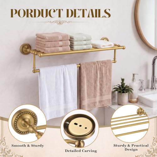 24-Inch Victorian Style Brass Foldable Towel Rack with Hooks - Gold