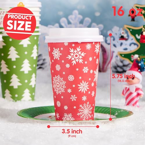 Retro Christmas Disposable Cups Set with Lids & Sleeves - 48 Pack, 16 oz Holiday Drinkware