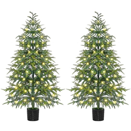 4 FT Pre-Lit Artificial Norfolk Christmas Tree Set - Potted, 2 Pack
