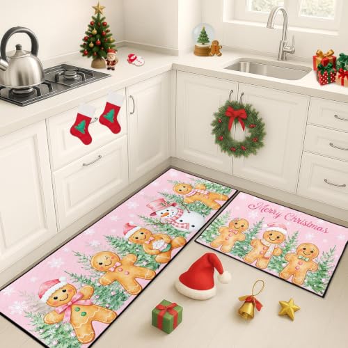 Christmas Gingerbread Kitchen Rugs Set of 2 Non Slip Washable Holiday Mats - Arttown