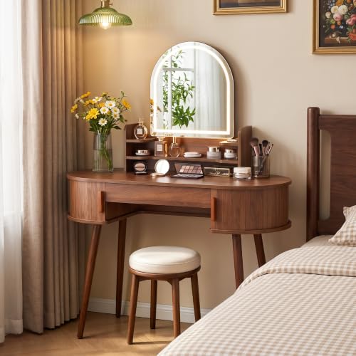 43" Walnut Makeup Vanity Desk with LED Arched Mirror, Storage & Lights - 17.71"D x 43.3"W x 54.72"H