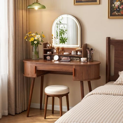 43" Walnut Makeup Vanity Desk with LED Arched Mirror, Storage & Lights - 17.71"D x 43.3"W x 54.72"H