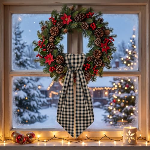 Black Linen Plaid Wreath Sash for Front Door Home Decor