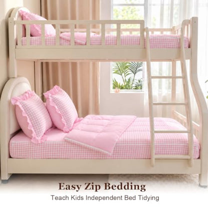 Kids Zipper Bedding Set Twin Gingham Comforter Pink Ruffle for Girls