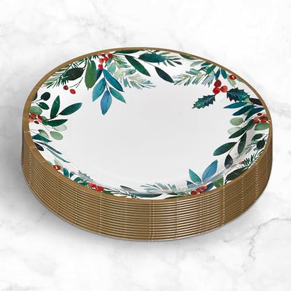 Papyrus Disposable Holiday Foliage Dinner Plates & Cups Set - Elegant Christmas Partyware