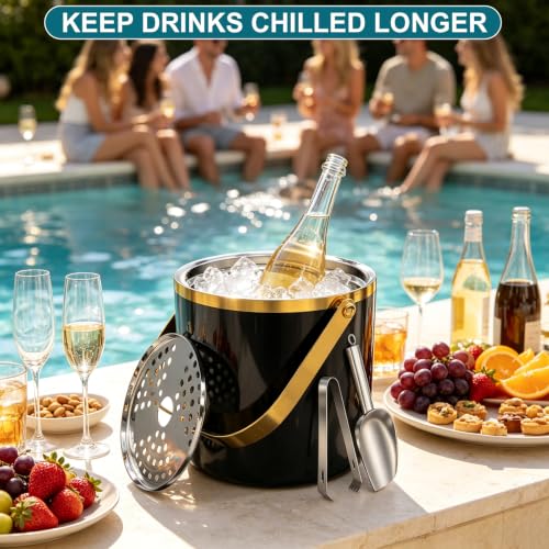 Black and Gold 3.2L Double Wall Ice Bucket with Lid, Scoop & Tongs