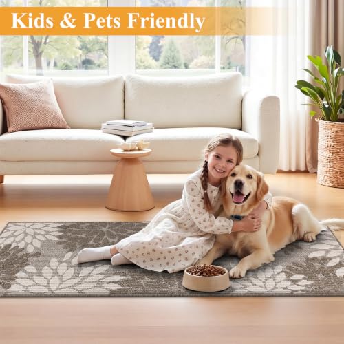 Brown 2x8 ft Non Slip Washable Runner Rug for Hallway Kitchen - Floral High-Low Design