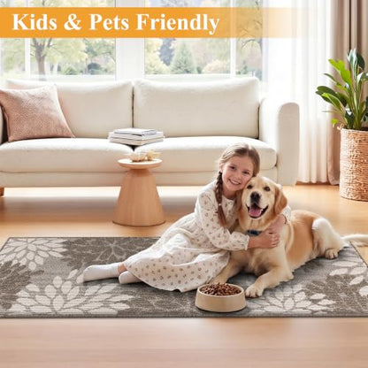 Brown 2x8 ft Non Slip Washable Runner Rug for Hallway Kitchen - Floral High-Low Design
