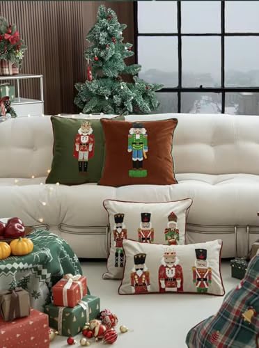 Nutcracker Christmas Pillow Cover - Embroidered Decorative Cushion, Beige, 18x18 Inches - Pack of 1