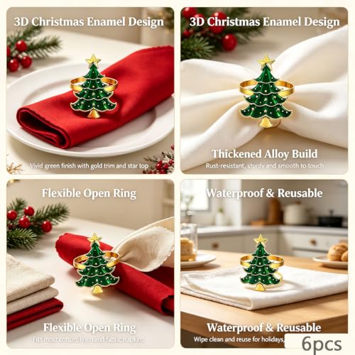 Christmas Tree Napkin Rings Set of 6 - Green Holiday Table Decor