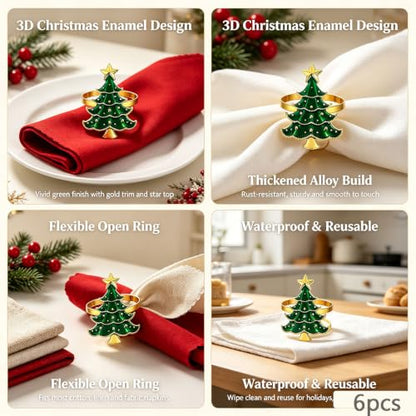Christmas Tree Napkin Rings Set of 6 - Green Holiday Table Decor