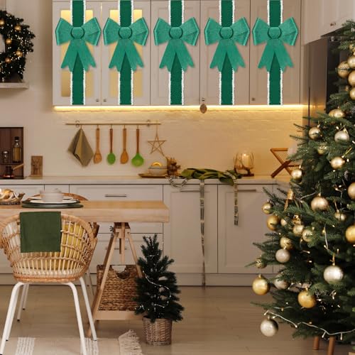Green Christmas Cabinet Bow Set with Velvet Ribbon - 16 Pre-Tied Bows & Decor