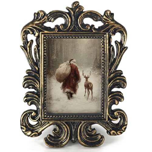 Vintage Christmas Santa Reindeer Small Picture Frame - Baroque Style - Santa Deer Variation