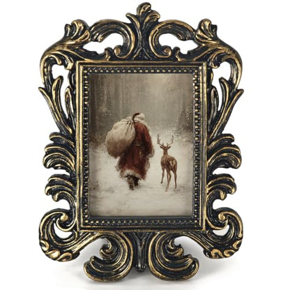 Vintage Christmas Santa Reindeer Small Picture Frame - Baroque Style - Santa Deer Variation