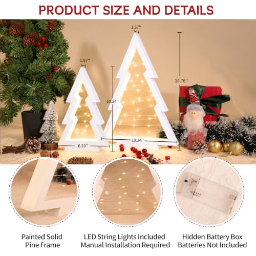 6 Pcs Wooden Christmas Trees with Lights Set - White Tabletop Holiday Decor - Variation of 6