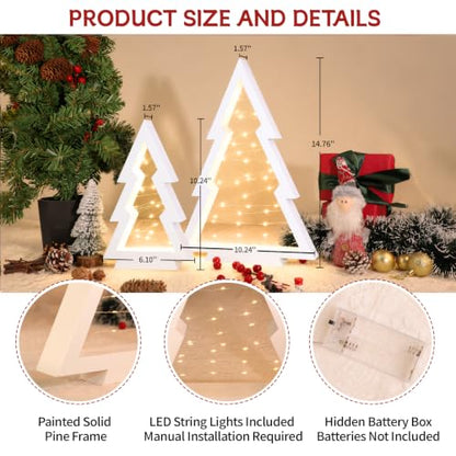 6 Pcs Wooden Christmas Trees with Lights Set - White Tabletop Holiday Decor - Variation of 6