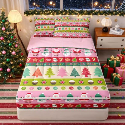 Kids Christmas Snowman Comforter Set Twin Size - Feelyou Santa Claus & Holiday Design - Green, Red, Pink Variations