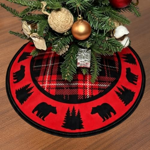 Mini Christmas Tree Skirt Black Bear Red and Black Cabin Plaid 15" - Festive Holiday Decor