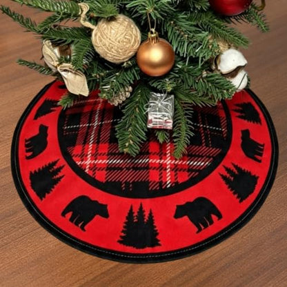 Mini Christmas Tree Skirt Black Bear Red and Black Cabin Plaid 15" - Festive Holiday Decor