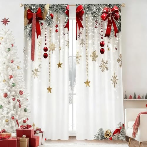 Christmas Window Curtains Set - Red Bows Snowflakes Pine Branches 75x166cm Variation of THIS listing