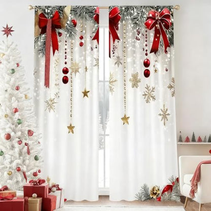 Christmas Window Curtains Set - Red Bows Snowflakes Pine Branches 75x166cm Variation of THIS listing