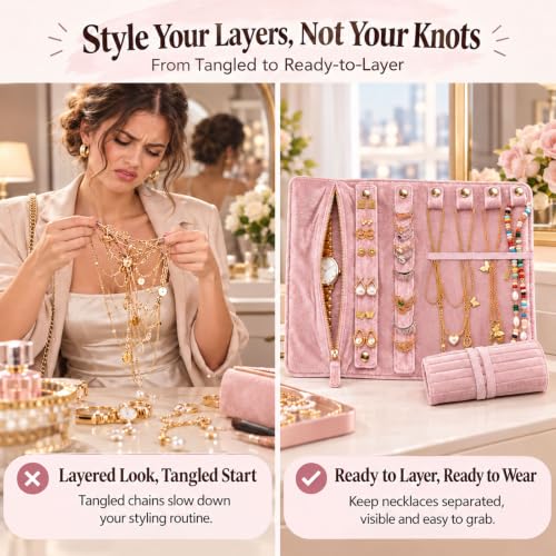 Travel Jewelry Organizer Case Pink Jewelry Roll for Necklaces Rings & Earrings