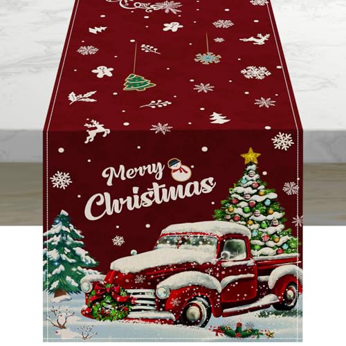 Red Truck Xmas Tree Snowflake Christmas Table Runner 13x72 Inch - Holiday Kitchen Decor - Red Truck1