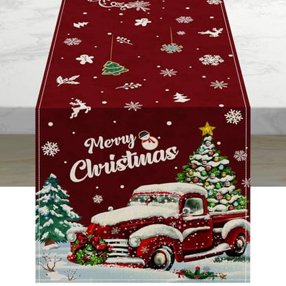 Red Truck Xmas Tree Snowflake Christmas Table Runner 13x72 Inch - Holiday Kitchen Decor - Red Truck1