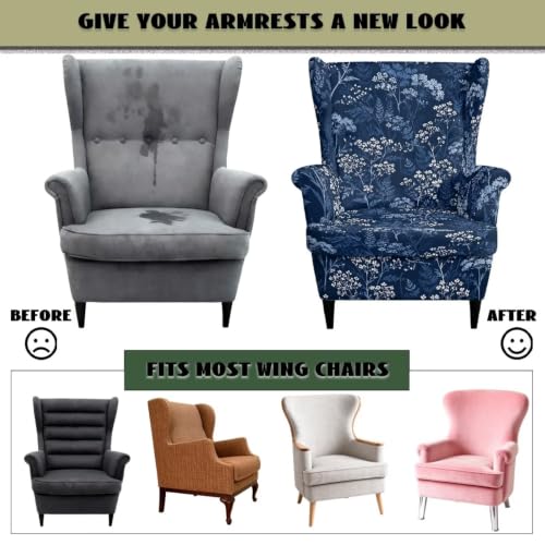 Blue Flower Leaves Wild Botanical Wingback Chair Slipcover 2-Piece Washable Furniture Protector