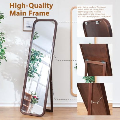 Walnut Wood Floor Mirror - Full-Length 63 x 18 in with Stand & Wall Mount