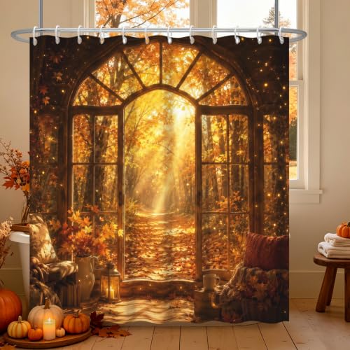 Fall Forest Arched Shower Curtain with Maple Leaf Design - Waterproof Bathroom Decor, 72x72 Inches