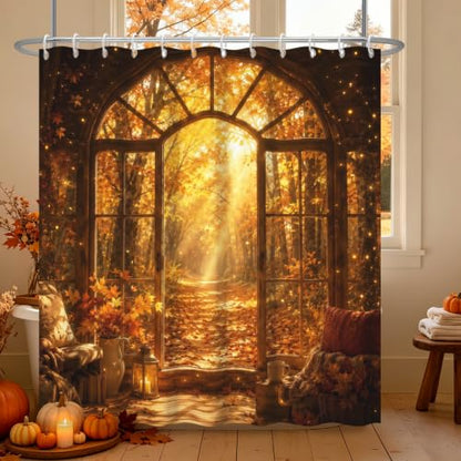 Fall Forest Arched Shower Curtain with Maple Leaf Design - Waterproof Bathroom Decor, 72x72 Inches