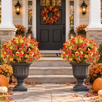 Artificial Fall Flower Topiary Set with Stakes - 27.5 Inch, Orange, Yellow, Red