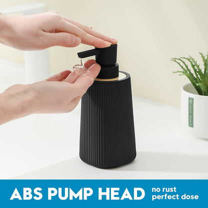 Skiennix Soap Dispenser - Modern Farmhouse Striped Design | Plastic Hand Soap Holder with Bamboo Accent - Black