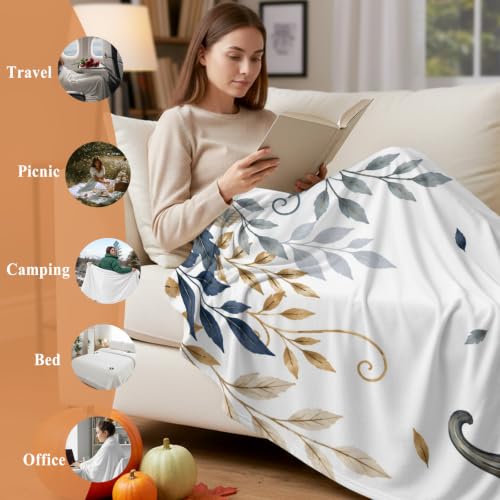Fall Thanksgiving Throw Blanket - Teal Blue White Pumpkin 40x50 Inches - Autumn Leaf Branches