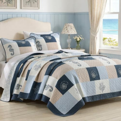 PERHOM Reversible Nautical Cotton Quilt Set Queen Navy Blue Light Blue Beige 98x90