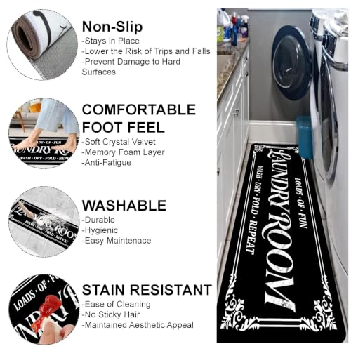 Farmhouse Non-Slip Laundry Room Rug Runner - Washable Black 1'5" x 3'11"