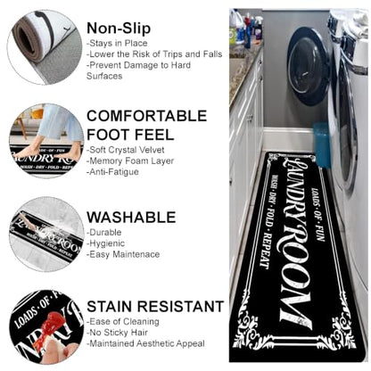 Farmhouse Non-Slip Laundry Room Rug Runner - Washable Black 1'5" x 3'11"