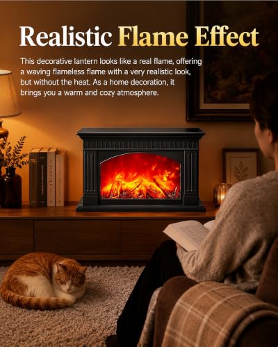 Black Fireplace Lantern with Realistic Flame Effect - Decorative Faux Fire Lamp
