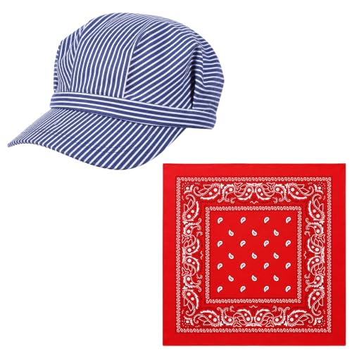 Adult Train Conductor Hat and Bandana Set - Blue Red Cosplay Costume Accessory