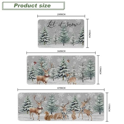 Christmas Winter Kitchen Rugs Set of 3 Snowy Pine Deer Snowflakes Non Slip Mats - 17x29, 17x36, 17x47 - Washable Holiday Floor Decor
